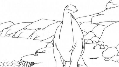 Filmstill aus GERTIE THE DINOSAUR. Ein gezeichneter Dinosaurier an einer Küste.