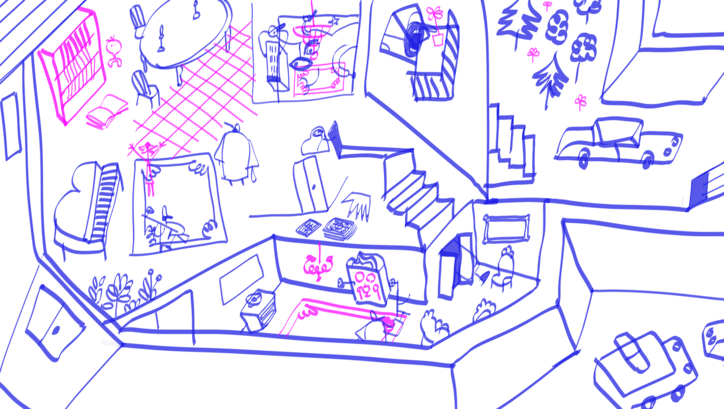 Film still from UNCLE FILMI: A drawing of various rooms and streets, drawn with purple and pink felt-tip pens.