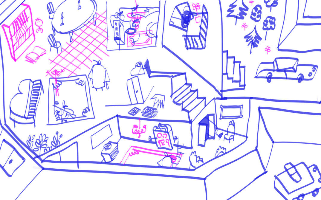 Film still from UNCLE FILMI: A drawing of various rooms and streets, drawn with purple and pink felt-tip pens.