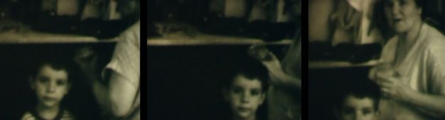 Film still from Tamer El Said’s „Borrowing a Family Album“. Three marginally different pictures next to each other. A child with a grown-up person on its right in slightly different focuses.