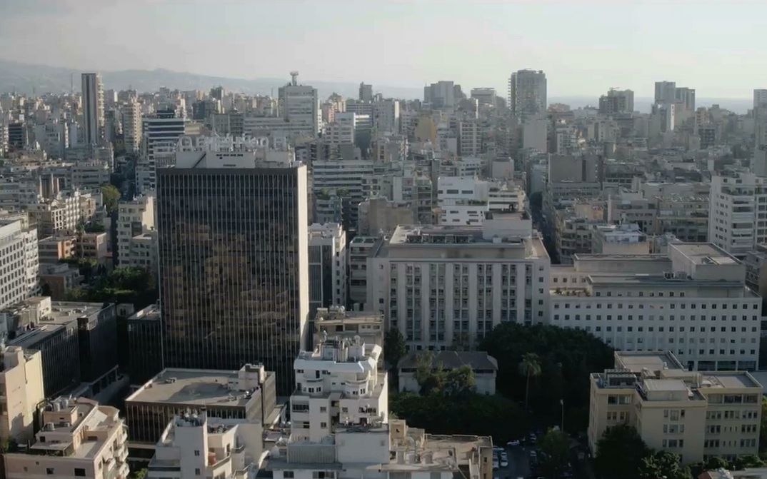 Film still from AFTER THE END OF THE WORLD: An aerial view of Beirut.