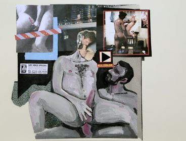 Collage that incorporates images from adult magazine alongside an illustration of two men having sex.