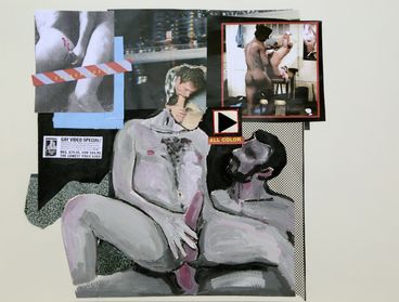 Collage mit Bildern pornografischer Magazine, darunter ein Bild zweier Männer, die Sex haben.