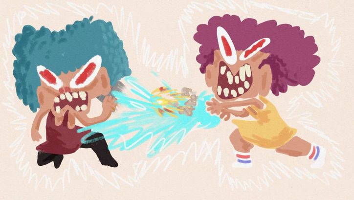 Film still from FURY: A colorful drawing showing two figures arguing heatedly with each other.
