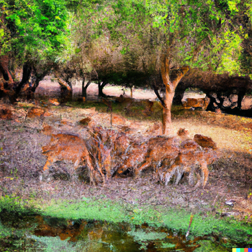 Ein Bild von Rehen, die auf einer Waldlichtung neben einem Teich gesammelt sind, im Stil einer impressionistischen Malerei.