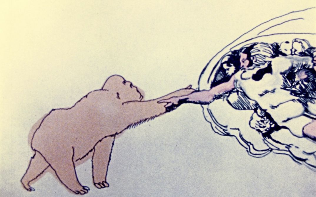 Film still from "Art Education" by Maria Lassnig. The drawing shows a monkey and a saint on a cloud with their arms outstretched towards each other.
