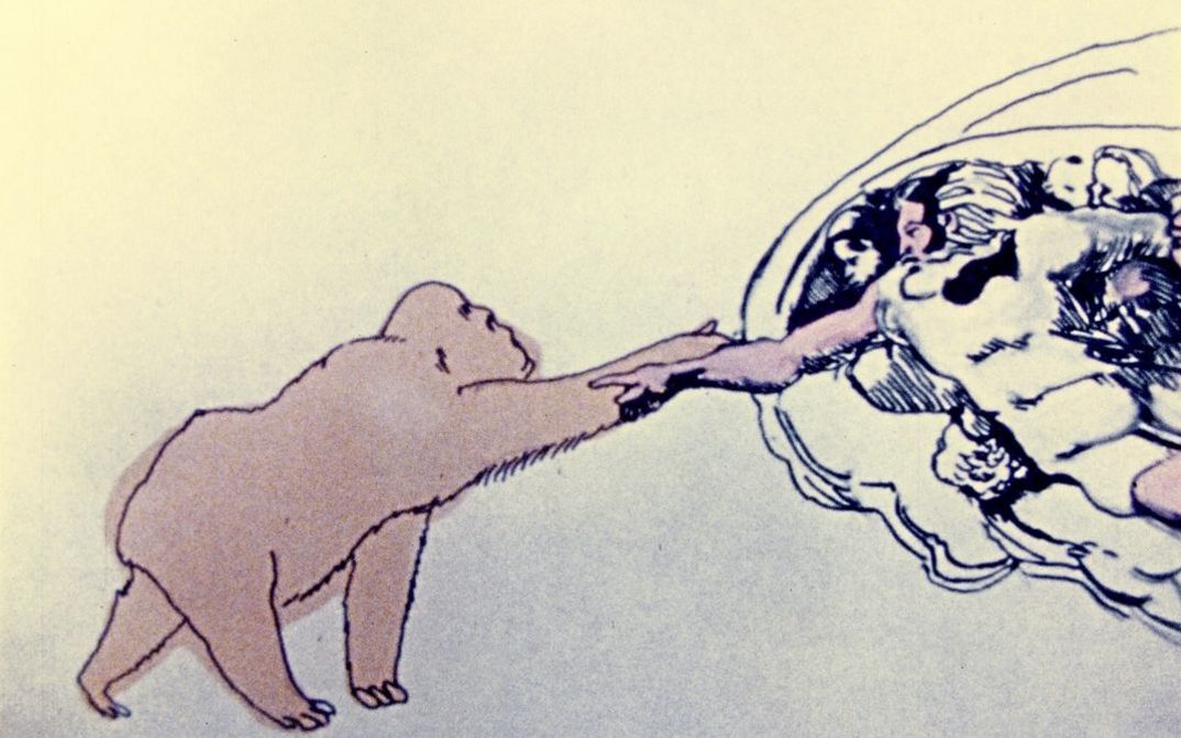 Filmstill aus "Art Education" von Maria Lassnig. Zu sehen ist eine Zeichnung eines Affen und eines Heiligen auf einer Wolke, die sich zueinander die Arme ausstrecken.