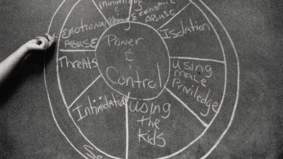 Film still from DOMESTIC VIOLENCE. On a blackboard, a diagram of domestic violence methods is drawn with chalk.