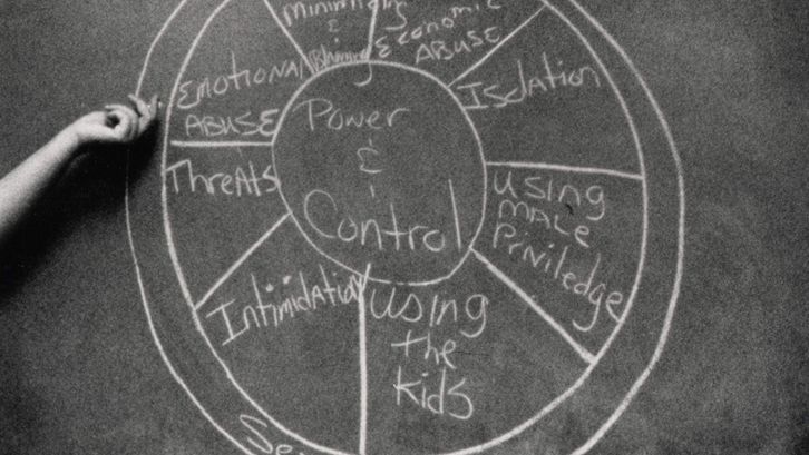 Film still from DOMESTIC VIOLENCE. On a blackboard, a diagram of domestic violence methods is drawn with chalk.