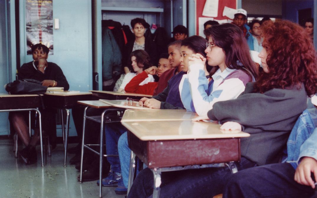 Film still from HIGH SCHOOL II. Stundents sitting in a classroom.