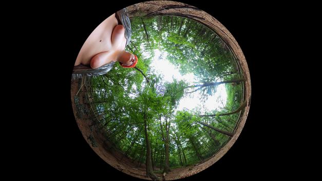 Filmstill aus dem Film "White Sands Crystal Foxes" von Liz Rosenfeld. In einer verzerrten 360°-Ansicht ist eine nackte Frau im Wald stehend zu sehen.
