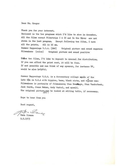 Brief von Takahiko Iimura an Ulrich Gregor vom 9.9.1973 bezüglich seines im Dezember geplanten Programms im Arsenal
