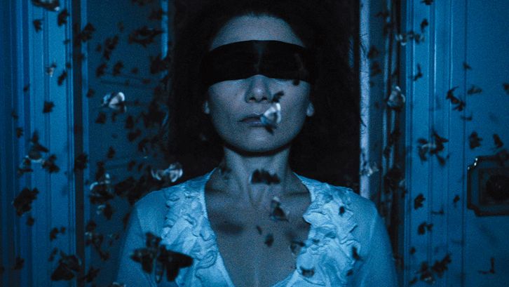Film still from THE DUKE OF BURGUNDY: A blindfolded woman surrounded by butterflies.
