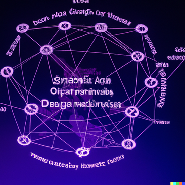 Ein violettes digitales Netz, welches verschiedene Punkte verbindet. In der Bildmitte und am Rand entlang ist unleserlicher Text zu sehen. 