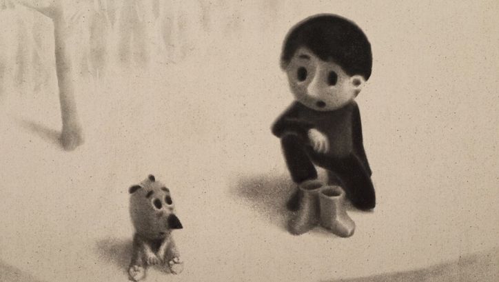 Film still from THE NIGHT BOOTS: A drawing of a person and a dog side by side.