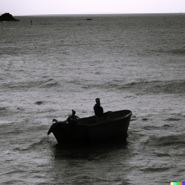 A photorealistic black-and-white image of a shadowy figure on a boat as it heads out to sea.
