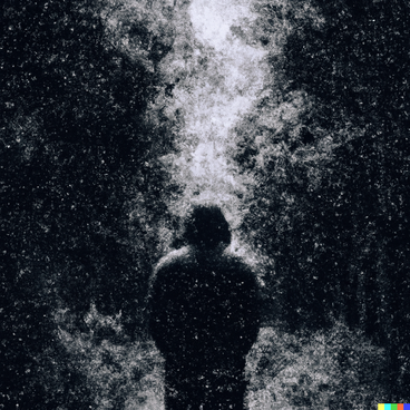 Eine schattenhaftes, vernebeltes Schwarz-Weiß-Bild zeigt von hinten eine Figur mit Kapuze, die in einen Wald hinein läuft. 