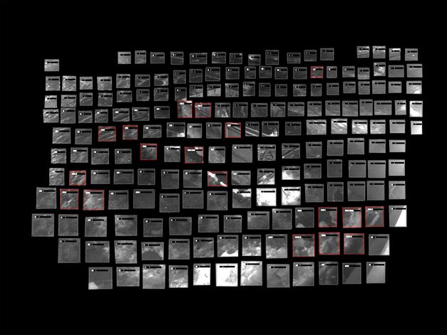 Film still from Utkarsh’s film “Remote Occlusions”. A grid of gray rectangles against a black background, which when put together form an indistinct image from a surveillance camera. Some of the rectangles are outlined in red.