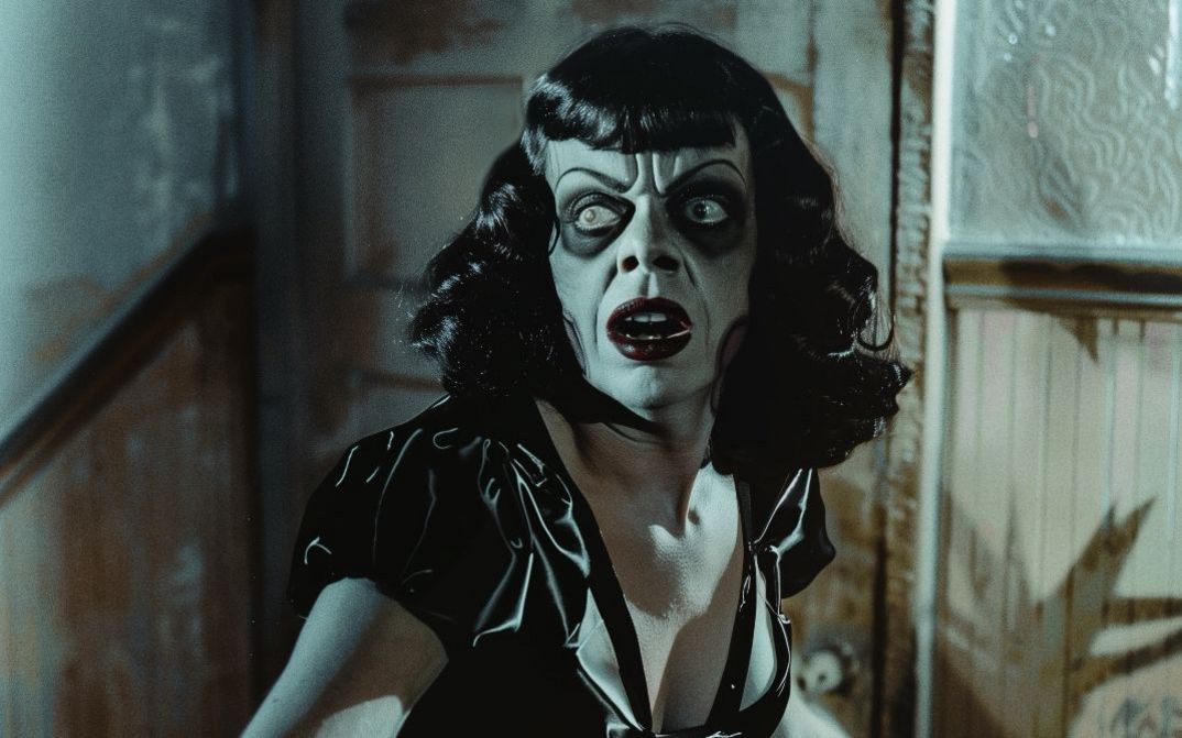 Frau mit stark geschminktem Gesicht steht in einem Flur, Gesicht in Richtung Kamera, Blick nach links zur Seite.