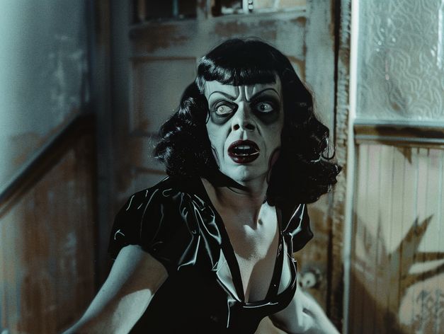 Frau mit stark geschminktem Gesicht steht in einem Flur, Gesicht in Richtung Kamera, Blick nach links zur Seite.