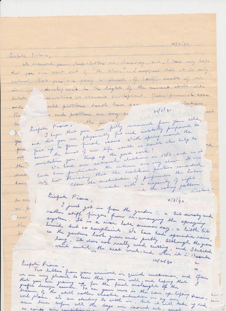 Ein Foto von vier Briefen, die teilweise übereinander gestapelt sind. Alle Briefe sind mit blauer Tinte von Hand geschrieben, in einer kleinen, verfeinerten Schreibschrift. Der unterste Brief ist auf liniertem Kanzleipapier geschrieben. Alle sind zwischen Februar und April 1990 datiert.