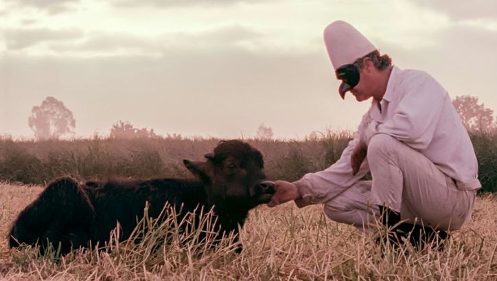 Filmstill aus BELLA E PERDUTA. Ein Mann mit einer Maske kniet vor einem liegenden Büffel.