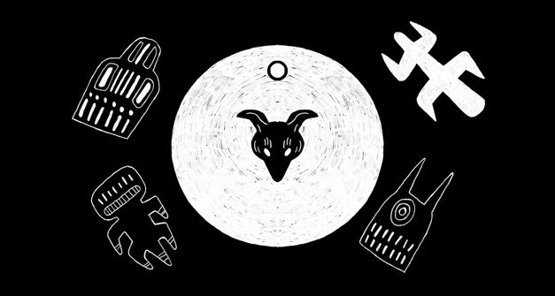 Film still from Stars Collective’s film “STARS”. The black and white image displays a minimalist graphic style. In the center lies a large white circle containing a canine-like animal head, surrounded by four geometric figures or objects arranged around the circle, all set against a black background.