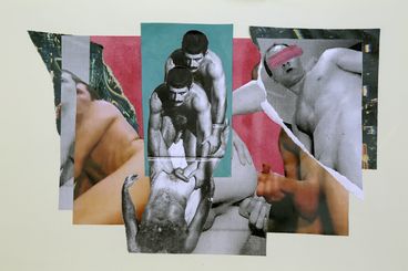 Collage that incorporates images from adult magazine alongside colourful shadings. 