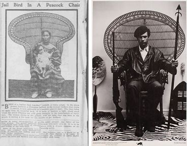 links ein Zeitungsauschnitt, der einen Häftling auf einem Korbstuhl sitzend zeigt, rechts Huey Newton, ebenfalls auf einem Korbstuhl sitzend