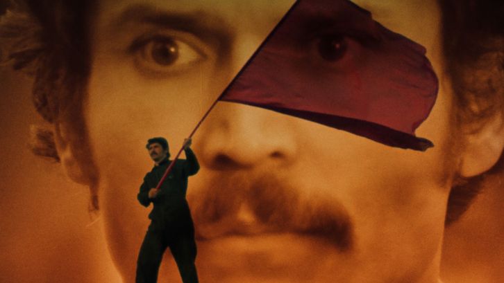 Film still from ULKOMAALAINEN: Collage of a face and a person waving a red flag.