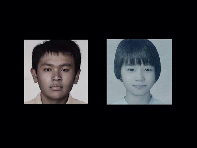 Still from the film "Parasite Family" by Prapat Jiwarangsan. Two portrait photos, of a boy and a girl, against a black background.