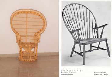 two wicker chairs, one the left one by Kok Maison, on the right by Hans Wegner