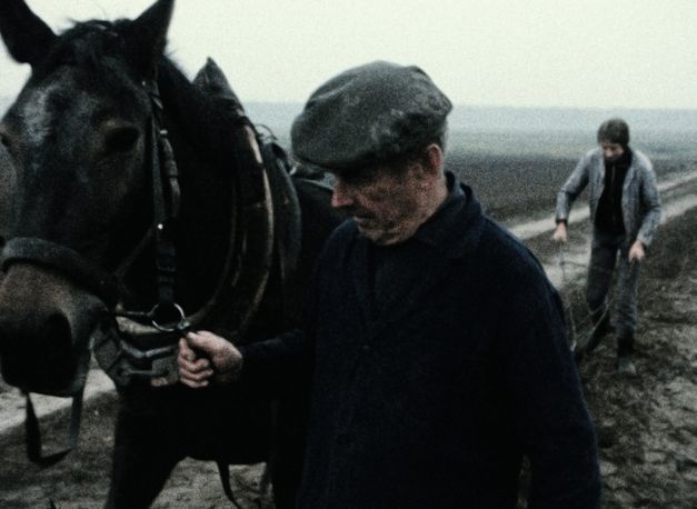 Still from the film "Ein Herbst im Ländchen Bärwalde" by Gautam Bora. A man with a dark jacket and cap leads a hore along a muddy field. Behind them, a person follows with a plough.