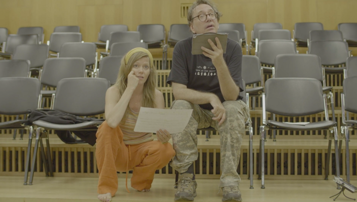 Film still from ZORN III. Musicians John Zorn and Barbara Hannigan in a rehearsal room.