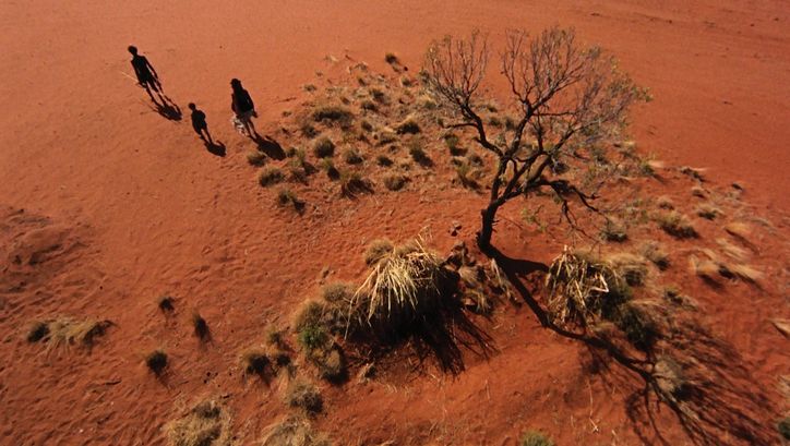 Film still from WALKABOUT: An aerial view of a desert with red sand. Three people can be seen at the edge of the picture.