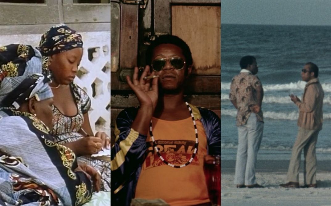 A visual collage shows stills from three films: on the left there is a still from MAN SA YAY by Safi Faye, the picture shows two people sitting, the person on the right is writing something down and the person on the left is looking at the piece of paper.  In the middle there is a still from A RAINHA DIABA (THE DEVIL QUEEN) by Antonio Carlos, showing a man with sunglasses holding a joint. On the right there is a still from I HEARD IT THROUGH THE GRAPEVINE by Dick Fontaine, the picture shows two men standing on the beach talking.  