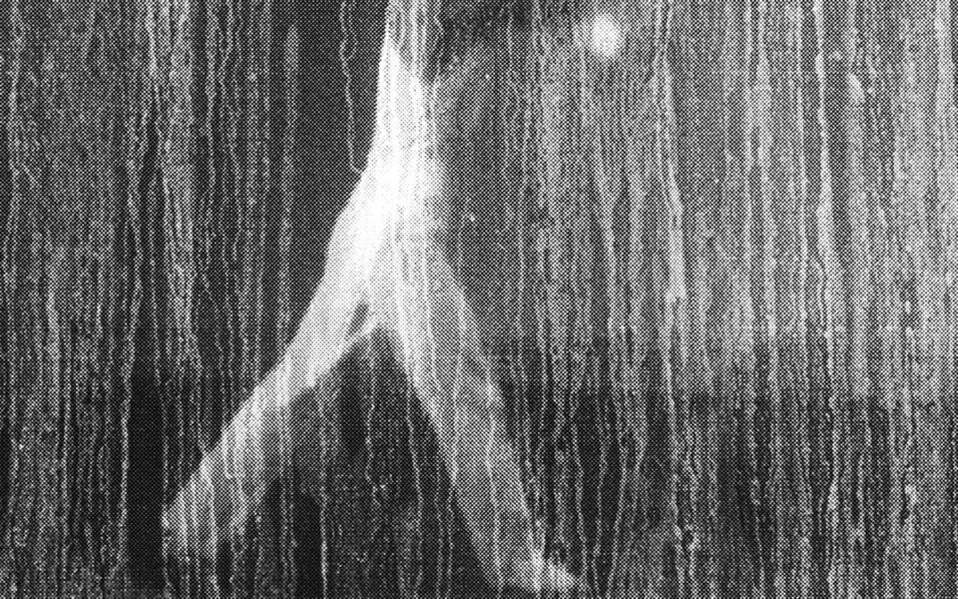 Film still from Lei Lei’s „That Day, on the River“. Black and white photo of a body in motion. White streaks that look like rain stretch across the image. 