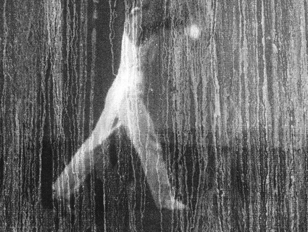 Film still from Lei Lei’s „That Day, on the River“. Black and white photo of a body in motion. White streaks that look like rain stretch across the image. 