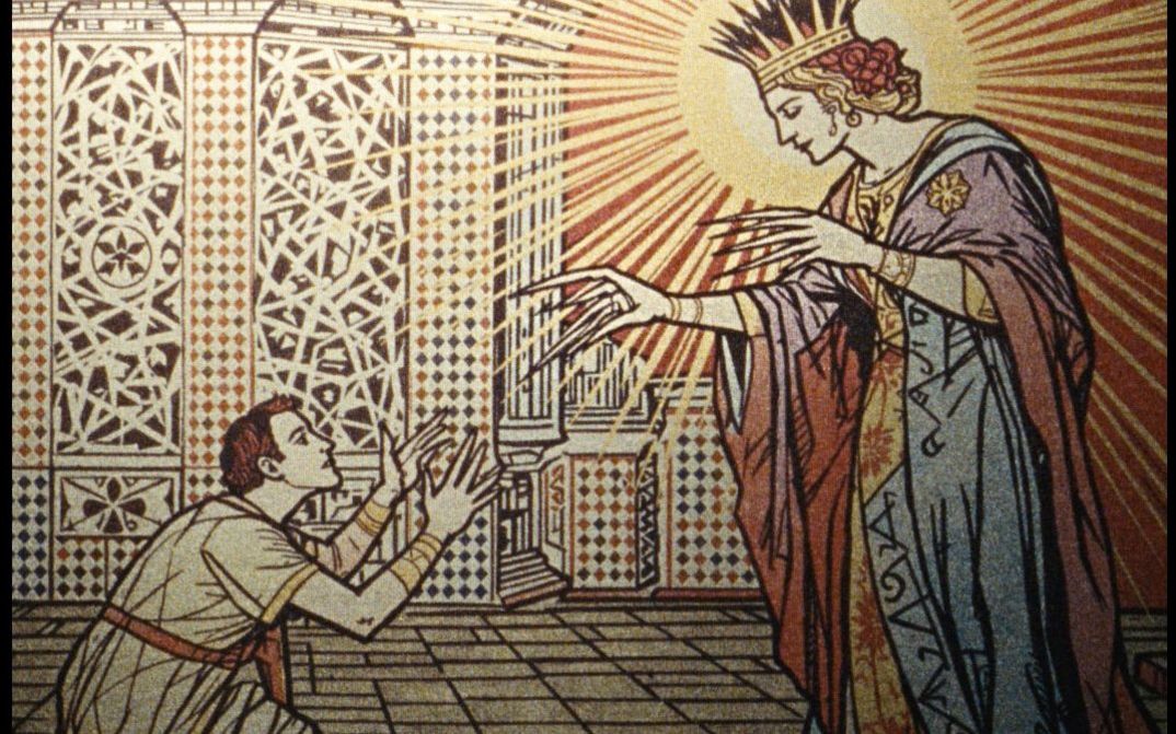 Gezeichnete Szene mit einer knienden Person, die einer gekrönten Figur mit sehr langen Fingernägeln die Hände entgegenstreckt.