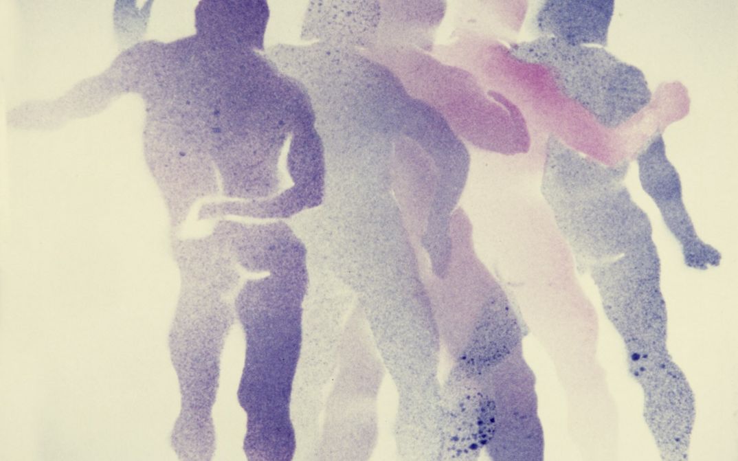 Film still from "Shapes" by Maria Lassnig. It shows an art print of dancing naked purple people from behind. 