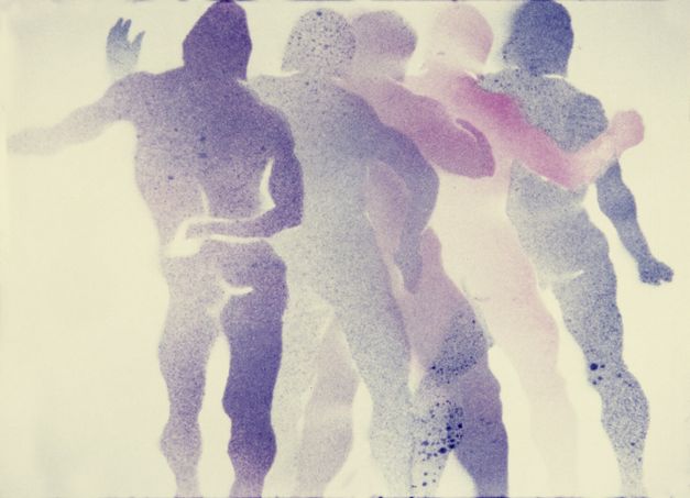 Film still from "Shapes" by Maria Lassnig. It shows an art print of dancing naked purple people from behind. 