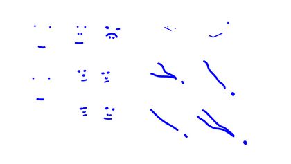 Eine Sammlung von Punkten und Linien, die in verschiedener Form zusammen arrangiert sind. Manche ähneln einem Gesicht, andere sind abstrakter. 