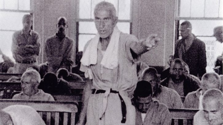 Film still from TITICUT FOLLIES. Some men in a penal institution.