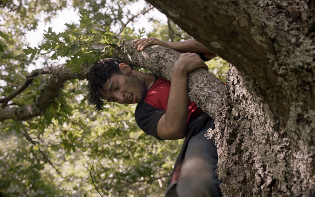 Filmstill aus EUROPA. Ein junger Mann klettert auf einen Baum.