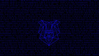 Blauer Code auf einem schwarzen Hintergrund. In der Mitte ist eine komplexere Ansammlung an Punkten und Linien in Form eines menschlichen Gesichts. 