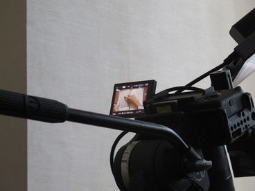 A behind-the scenes shot of a tripod and camera monitor. On the monitor we see a shot of a hand pointing at something on a book.