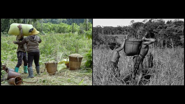 Doppelprojektion: Zwei Personen tragen einen schweren Sack über eine Wiese; daneben ein Schwarzweißbild mit zwei Menschen und einem geflochtenen Korb.