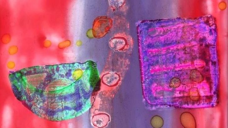 Film still from ALGORITHMEN. A film strip hand painted with different colors and shapes.