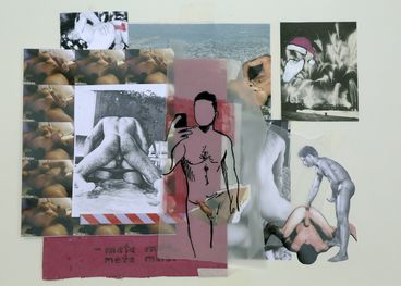 Collage that incorporates images from adult magazine alongside a sketch of a man a naked selfie.