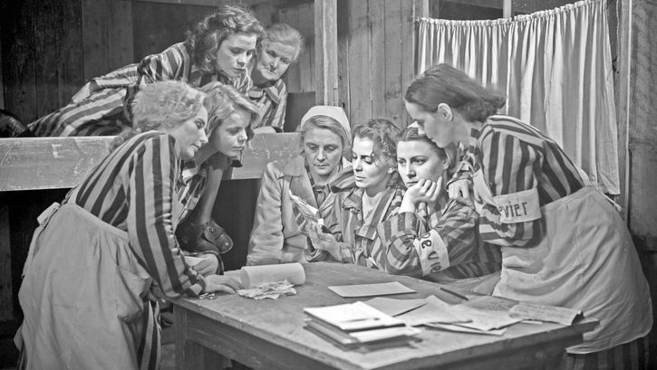 Film still from THE LAST STAGE: A group of female prisoners in the barracks of a concentration camp.
